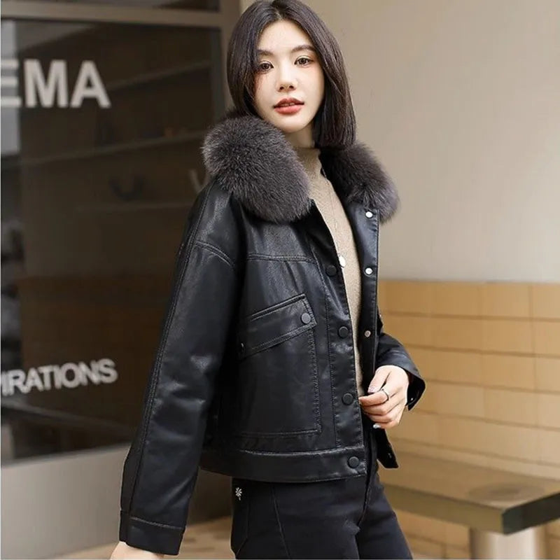 Winter Leather Jacket Women Short Coat Fleece Lining Thicken Warm PU Outerwear Rabbit Fur Jackets Ladies Velvet Tops Loose Coats - Matrix Studios