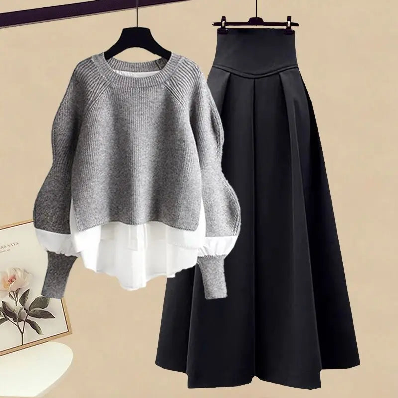 2026 Spring/Autumn New Korean Elegant Splice Fake Two Piece Knitted Sweater Dress Matching Set Women's Chic Pullover Skirt Set - Matrix-studios.com