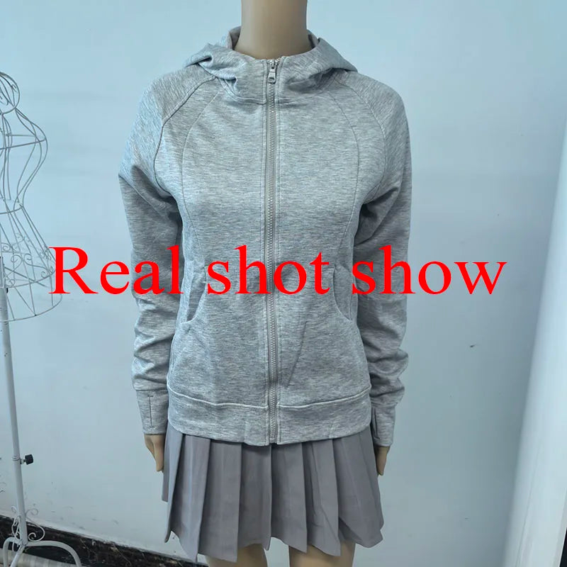 Gray Zipper Hooded Sweatshirt Women 2026 New Korean Slim Fit Cardigan Long Sleeve Coat Woman Solid Pockets Sports Hoodies Jacket - Matrix Studios