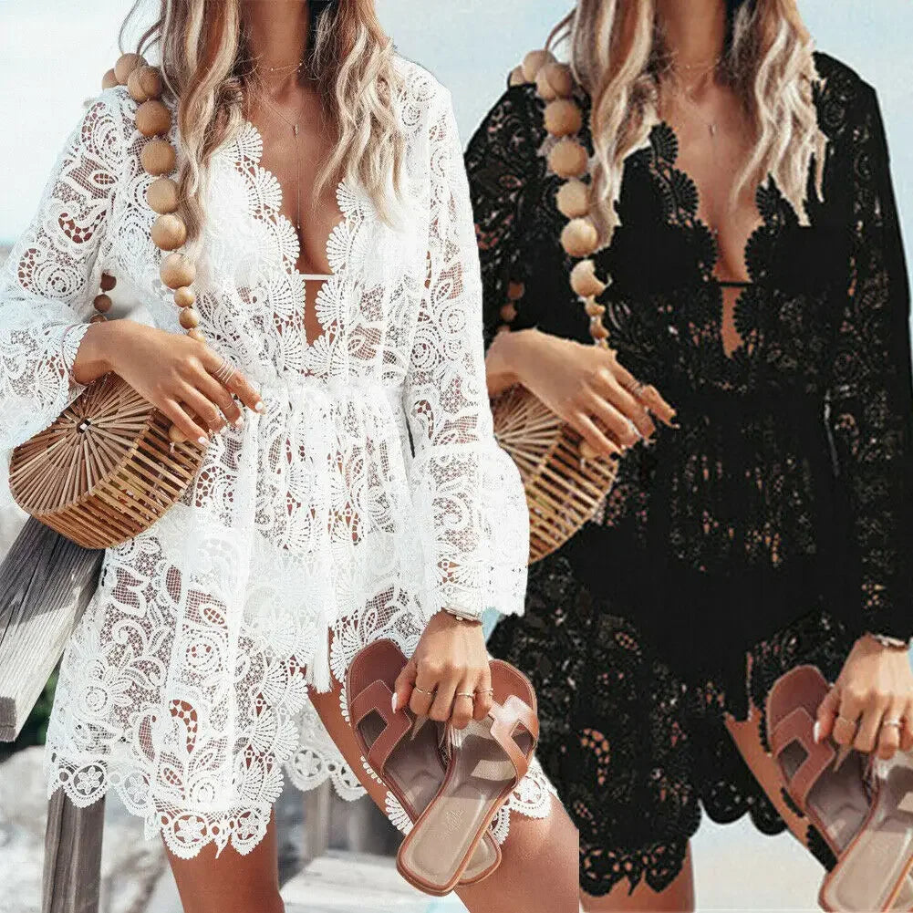 Boho Crochet White Knitted V-neck Scallop Trim Lace Dress Women Beach Sundress Tunic Pareos Bikinis Cover Ups Robe Beachwear - Matrix Studios