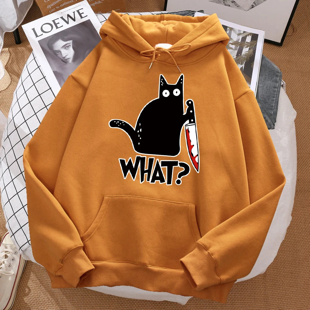 What Cute Little Black Cat Holding A Knife Men Hoodie Street Fleece Hoody Hipster Autumn Sweatshirt Hip Hop Clothing Woman - Matrix Studios