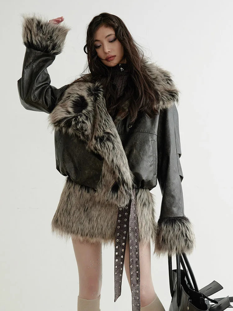 [EAM] Plaid Both Side Wear Leather Big Size Faux Fur Jacket New Lapel Long Sleeve Women Coat Fashion Autumn Winter 2026 1DH9343 - Matrix Studios