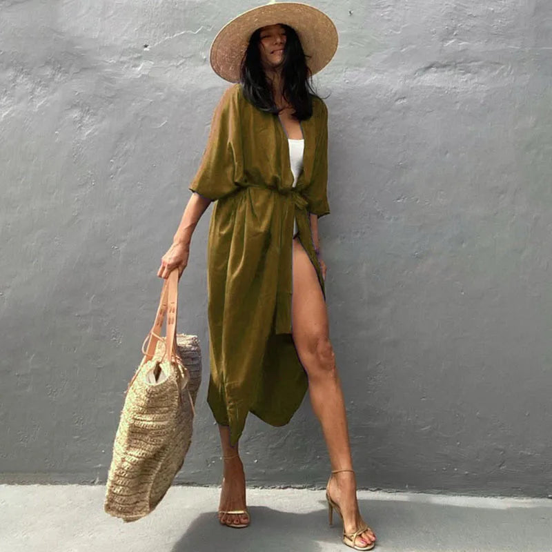 Beach Cover Up Kimono Women Summer 2022 New Pareo Swimsuit Cape Solid Bohemian Tunic Dresses Bathing Suits Dropshipping - Matrix Studios