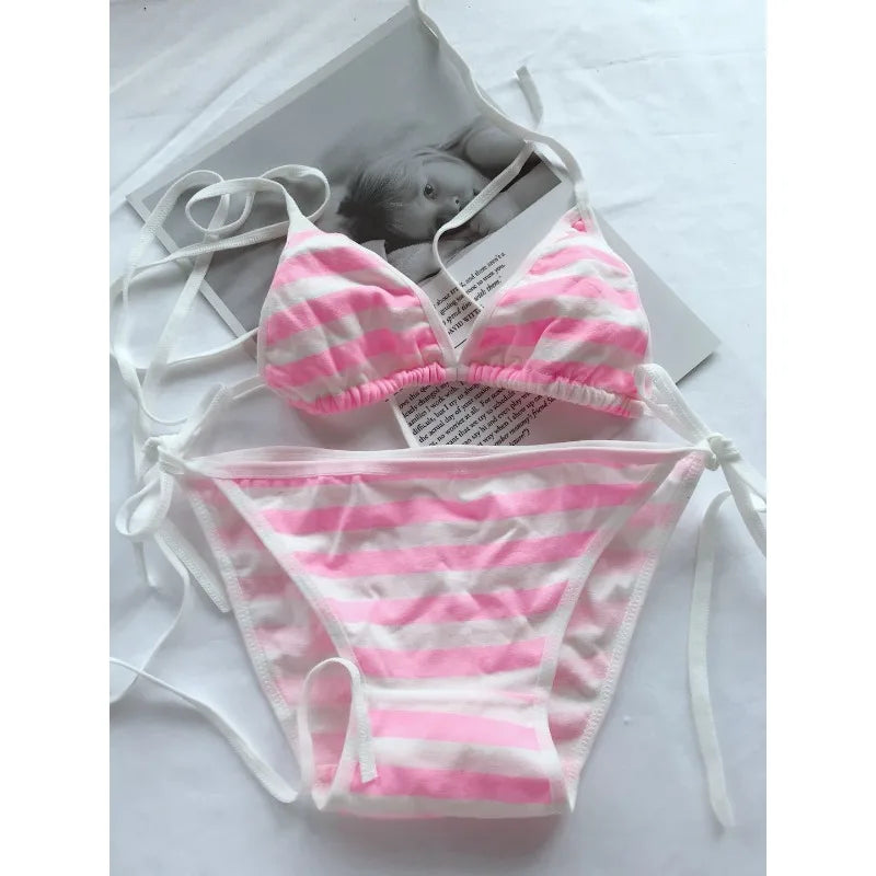 Lace-up Strap Blue and White Striped Set, Blue and White Fat Inner Two-piece Set Womens Lingerie Set  Bra Set  Sexy - Matrix-studios.com