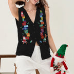 Women Christmas Sweater Vests Santa Claus Print Sleeveless Knit Cardigan Vest Christmas Holiday Tank Top Y2K Clothes - Matrix Studios