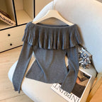 Women's Solid Color Slash Neck Ruffles Sweater Short Pullover Korean Fashion Chic Retro Style for Autumn Winter - Matrix Studios