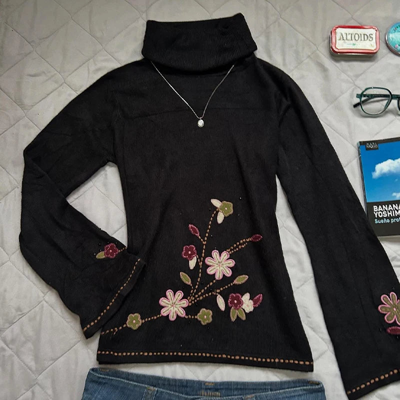 Harajuku turtleneck sweater chic fashion retro Y2K aesthetic street style punk grunge floral pattern everyday women's streetwear - Matrix Studios