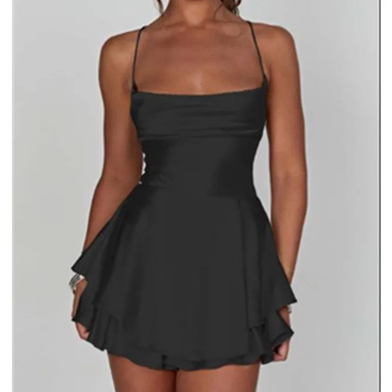 Women Sleeveless Satin Playsuits Fashion Summer Short Sling Backless Jumpsuits Cross Tie-Up Bandage Romper Streetwear Outfit - Matrix Studios