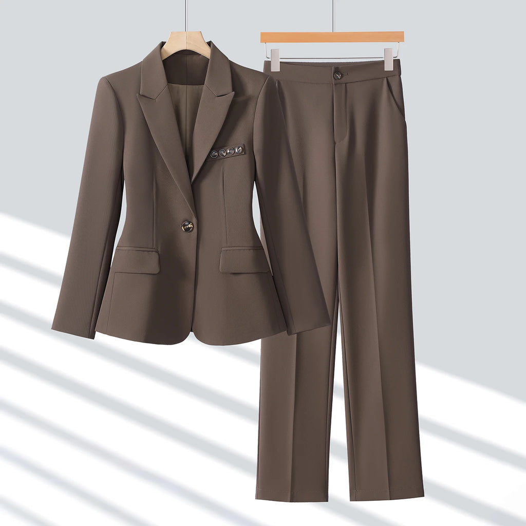 ZJYT Spring Women's Suit Matching Sets Blazers and Pants Set 2 Piece Woman Elegant Chic Trousers Suits Plus Size Brown Outfit - Matrix-studios.com