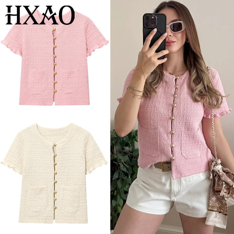 HXAO Crop Knit Cardigan For Women Summer Knitwear 2025 Women's Sweater Pink Off White O-Neck Short Sleeve Bolero Cardigan Woman - Matrix Studios