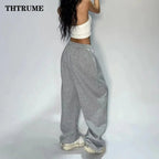 Casual Women Solid New Pant Fashion Summer Oversized Vintage Pocket Drawstring Wide Leg Pants Elegant Loose Baggy Chic Trousers