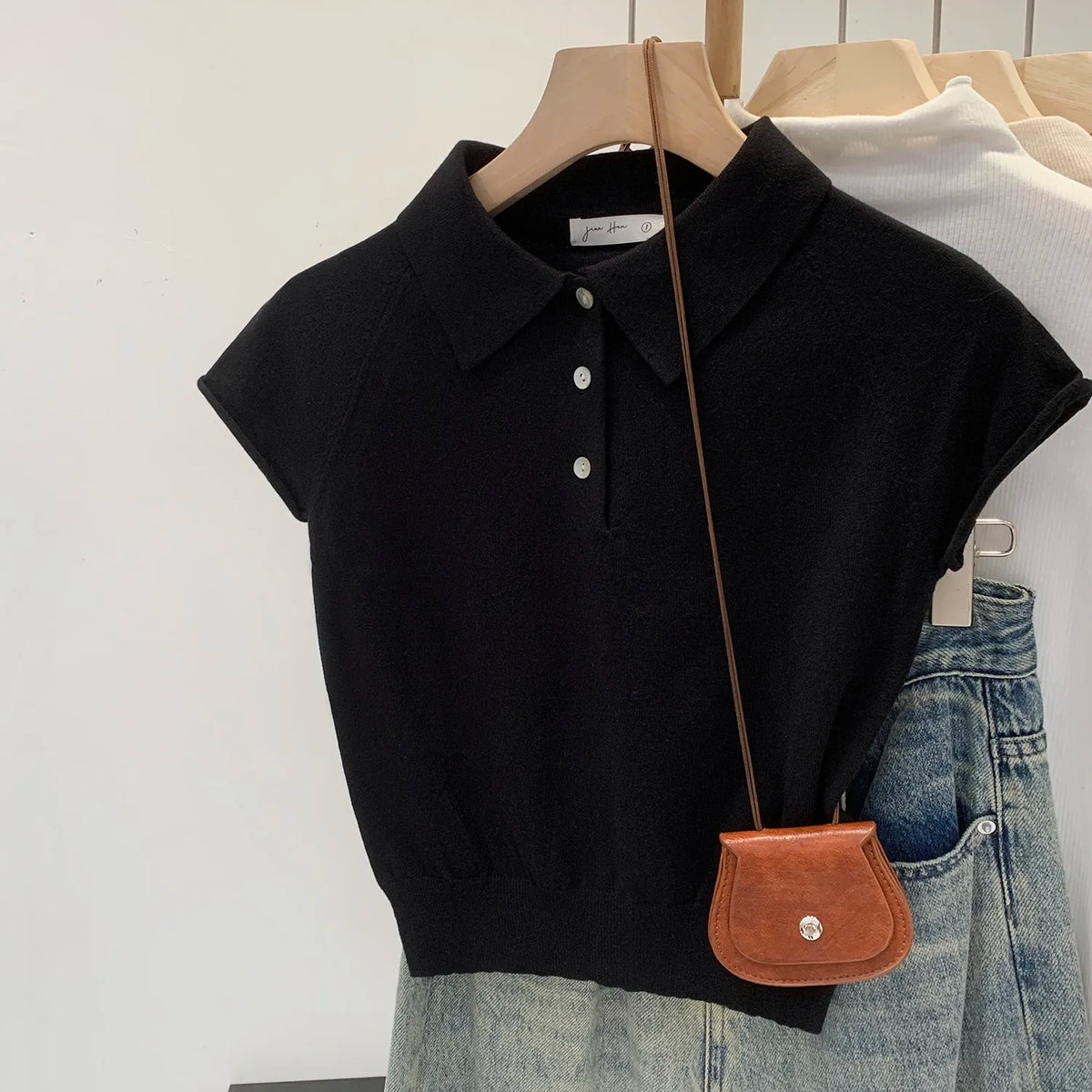 Polo Collar Cap Sleeve Knit Tee for Women Solid Grey Half Front Buttons Stretchy Lightweight Casual Summer Short Sleeve T Shirt - Matrix-studios.com
