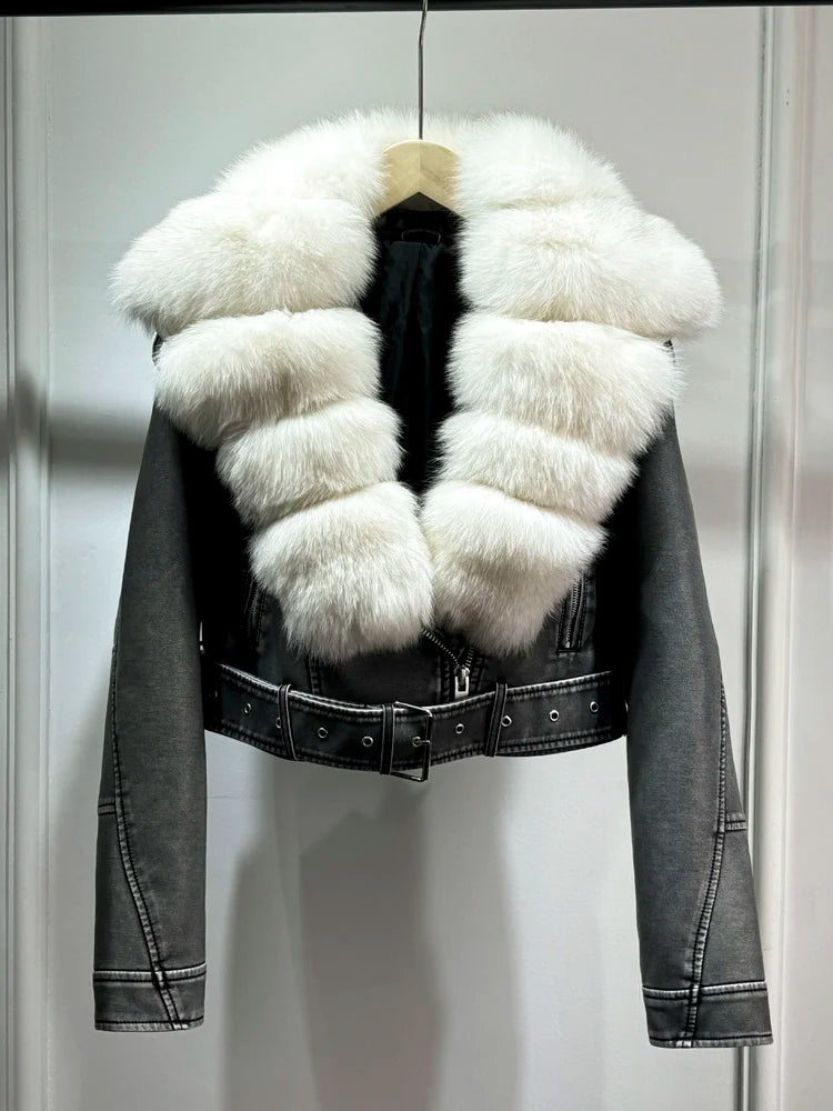 Lagabogy 2024 Big Real Fox Fur Women Vintage Pu Faux Leather Short Jacket With Belt Streetwear Female Zipper Retro Coat Outwear - Matrix Studios