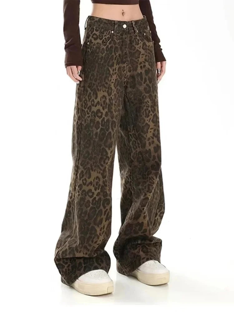 Tan Leopard Jeans Women Denim Pants Female Oversize Wide Leg Trousers Streetwear Hip Hop Vintage Clothes Loose Casual - Matrix-studios.com