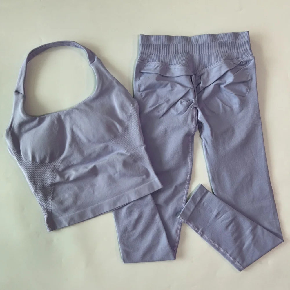 1-2pcs Gym Set Women Backless Tank Tops High Waist Scrunch Seamless Shorts High Waist Yoga Leggings Workout Sets Gym Suit - Matrix-studios.com
