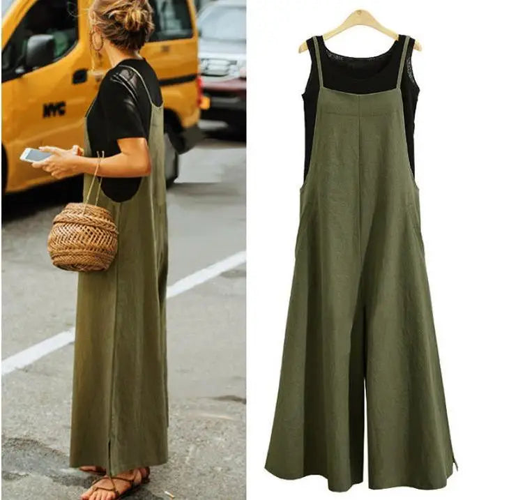 Women Straps Jumpsuit Summer Solid Color Wide Leg Pants Dungaree Bib Overalls Casual Loose Sleeveless Cotton Linen Jumpsuits 5Xl - Matrix Studios