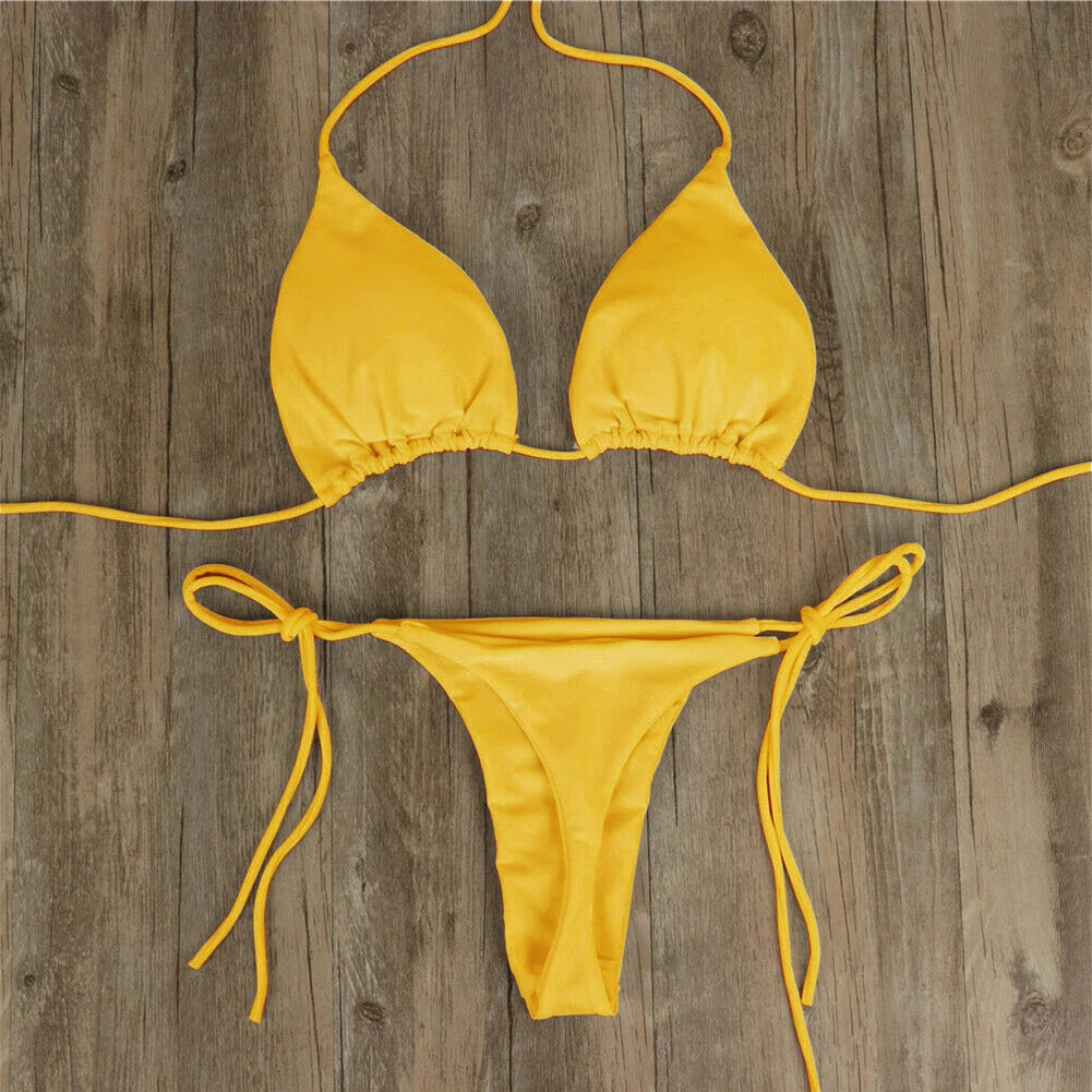 Women Tie Sexy Thong Bikini Set Side Swimsuit Bandage Style Brazilian Swimwear Split Strap Adjustable Solid Female Swimsuit Set - Matrix-studios.com