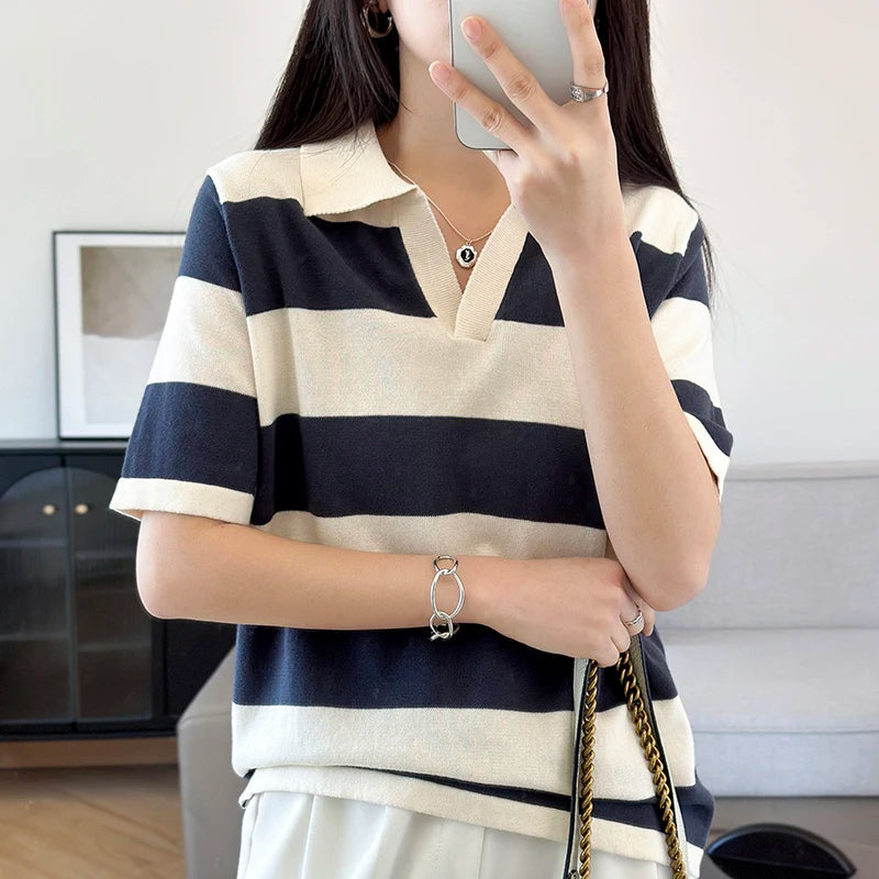WinvyNee Summer Half Sleeved Women's Solid Polo Shirt Casual Cotton Striped Top T-shirt Women Clothing Casual Knitted A1002022 - Matrix-studios.com
