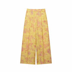 Women Yellow Floral Printing 2-Piece Set Women Stand Collar Long Sleeve Shirt + High Waist Wide Leg Pants Loose Lady Suit