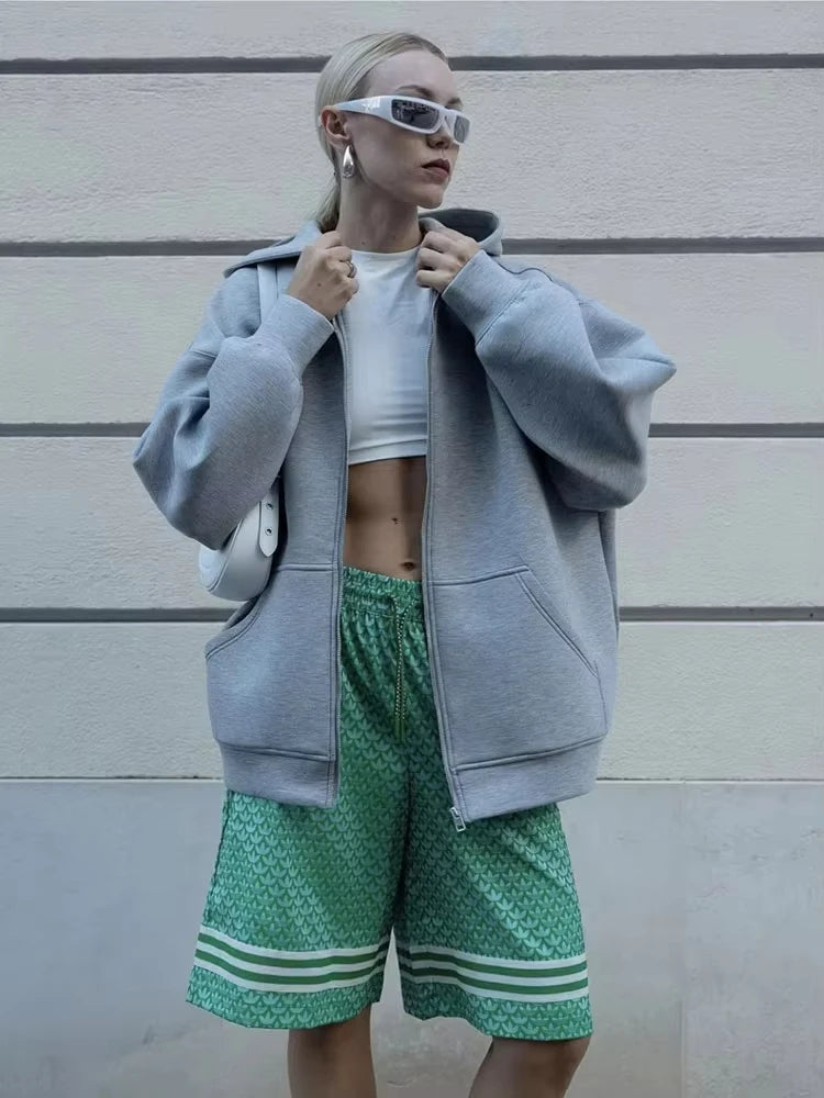 HH Autumn Women Casual Hooded Jacket Loose Oversize Zipper Hoodie Sweatshirts Solid Coat Office Lady Chic Outwear Tops - Matrix Studios