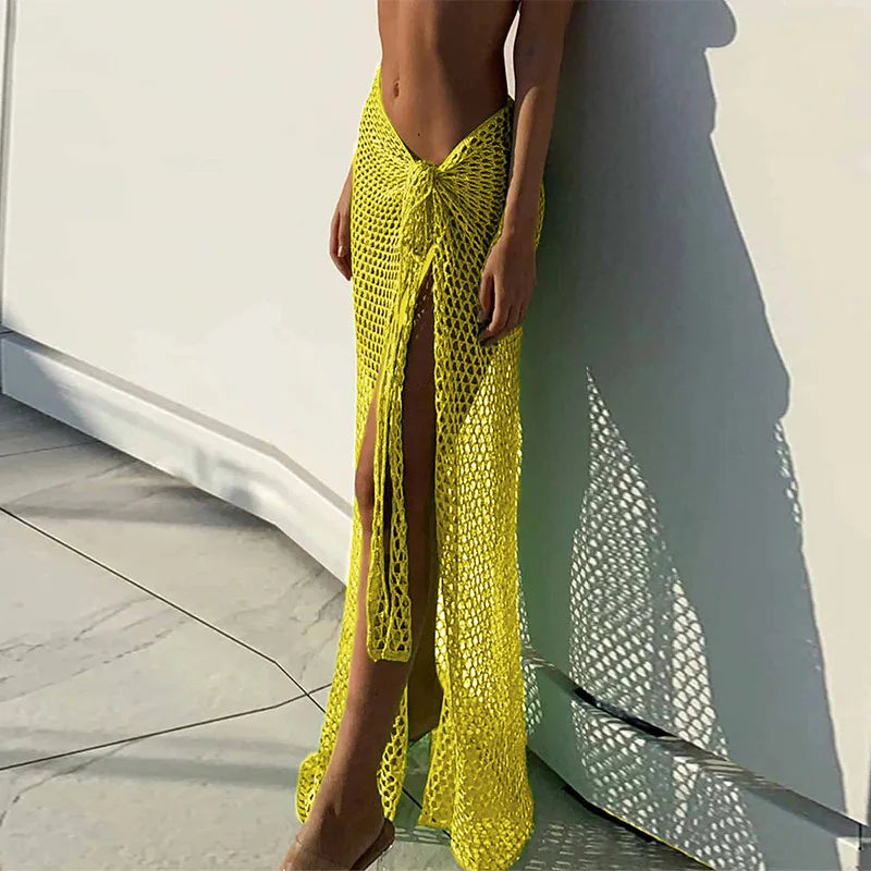 2024 Croche Beach Cover Up Sexy See Through Dress Knit Long Skirts Mesh Hollow Out Through Wrap White Midi Skirt Party Outfits - Matrix Studios