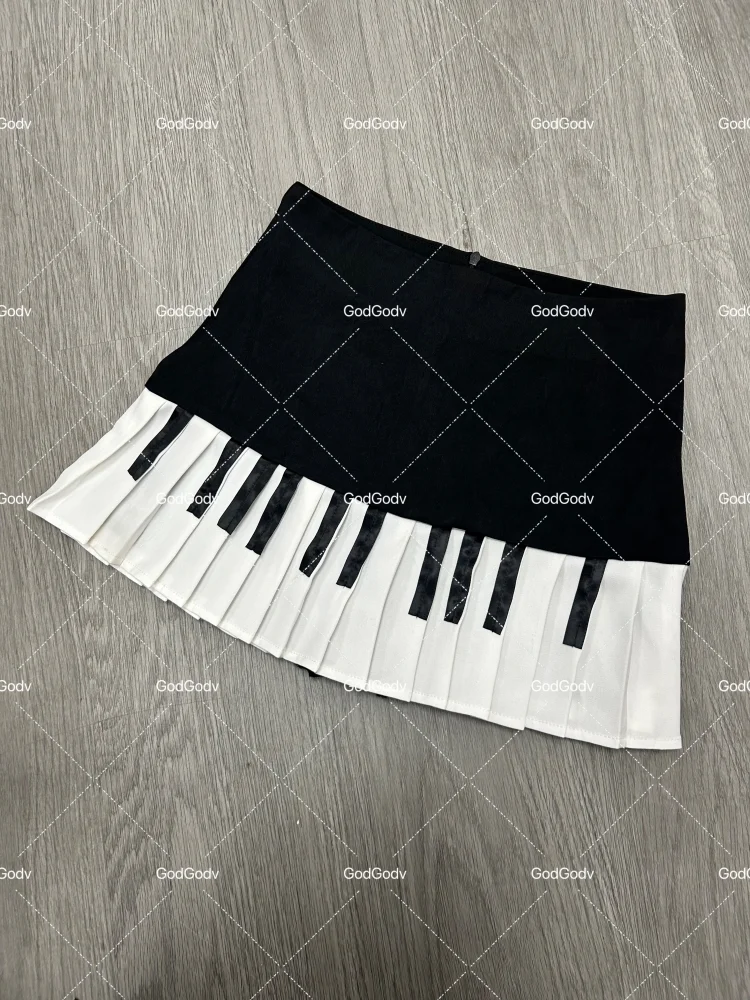 American Vintage Black White Piano Keys Skirts Y2k Slim Waist Ruched A-line Skirt Women 2026 Summer New Korea Style Chic Mujer - Matrix-studios.com