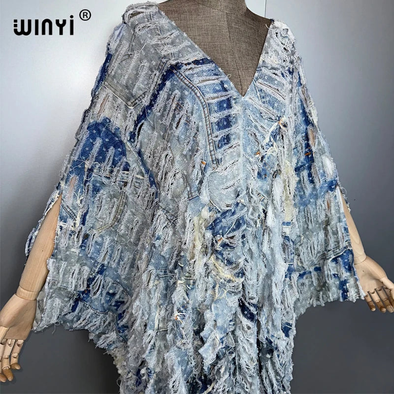 WINYI Original V Neck Print Denim Sexy Short Dress with Holes New Fashion Africa Womens Party Holiday Casual Maxi Beach Dress - Matrix Studios