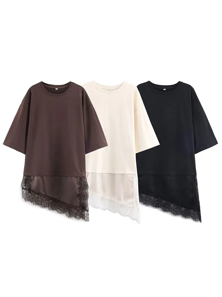 HH Women Vintage Solid Lace Patchwork T-Shirts Asymmetrical Hem O Neck Short Sleeve Shirt 2026 Trend High Street Lady Chic TEES - Matrix-studios.com