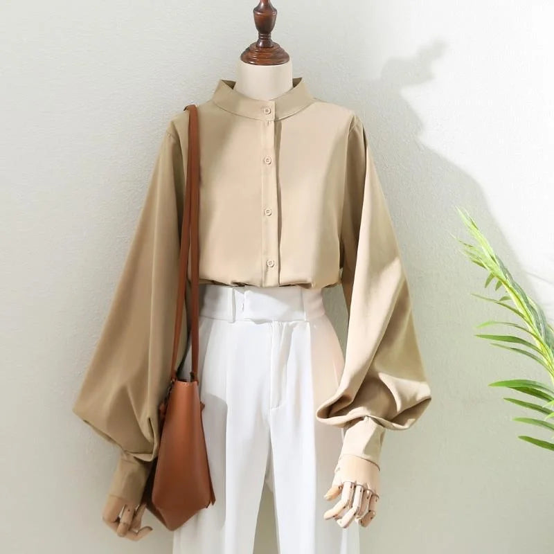 Woman Spring Autumn Style Blouses Shirt Lady Long Lantern Sleeve Stand Collar Loose Blusas Tops DF4847 - Matrix-studios.com