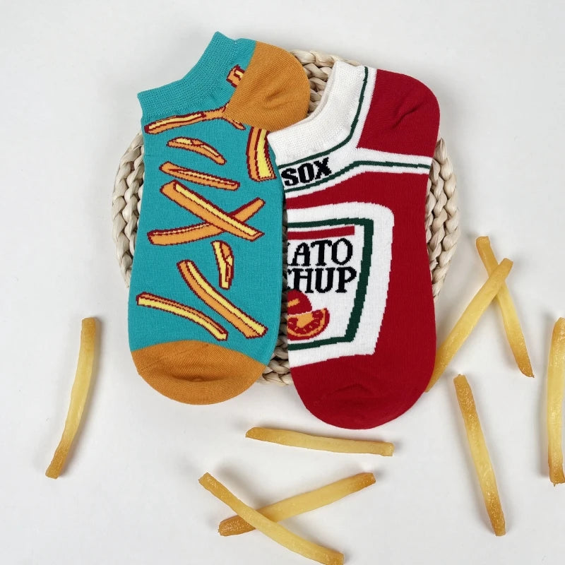 1 Pair Unisex Funny AB Style Tomato Ketchup French Fry Printed Mid-Calf Socks Suit In All Seasons - Matrix Studios