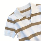 Red White Striped Summer Knit Polo Top Women's Short Sleeve Collared Shirt Lightweight Elastic Casual Daily Knitted Blouse Tee - Matrix-studios.com