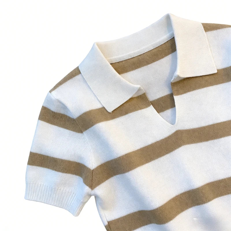 Red White Striped Summer Knit Polo Top Women's Short Sleeve Collared Shirt Lightweight Elastic Casual Daily Knitted Blouse Tee - Matrix-studios.com