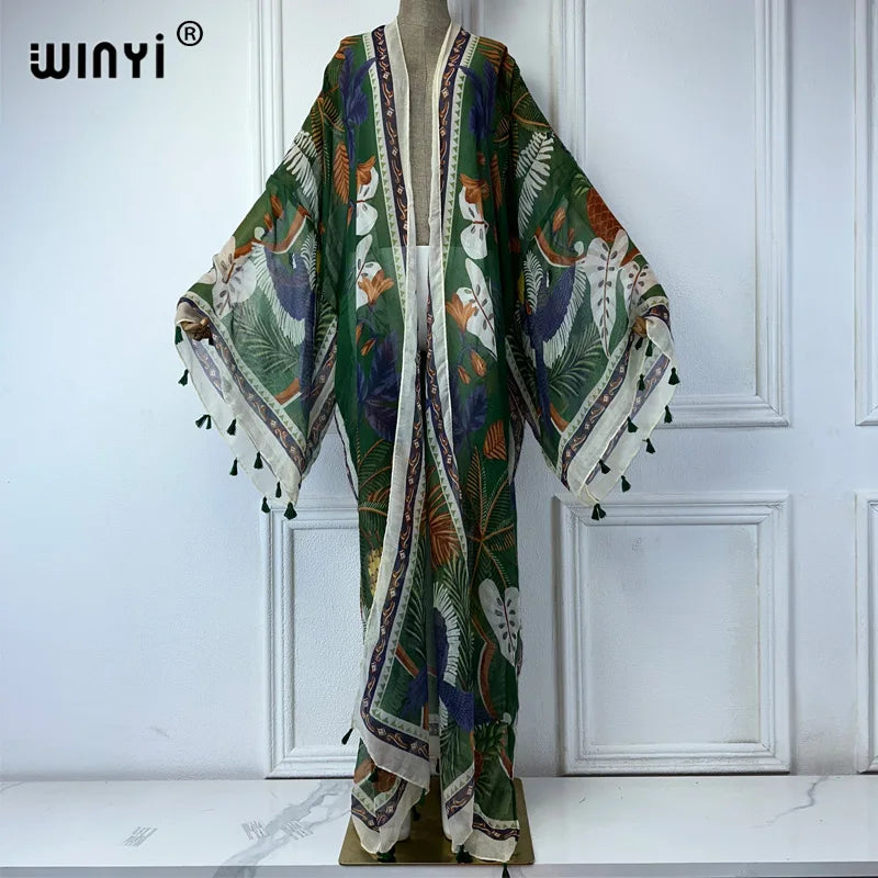 WINYI Summer Outfit Kimono Africa Boho Print Beach Cover Up Muslim Dress Cardigans Beach Wear Women Abaya Dubai Luxury Kaftan - Matrix Studios