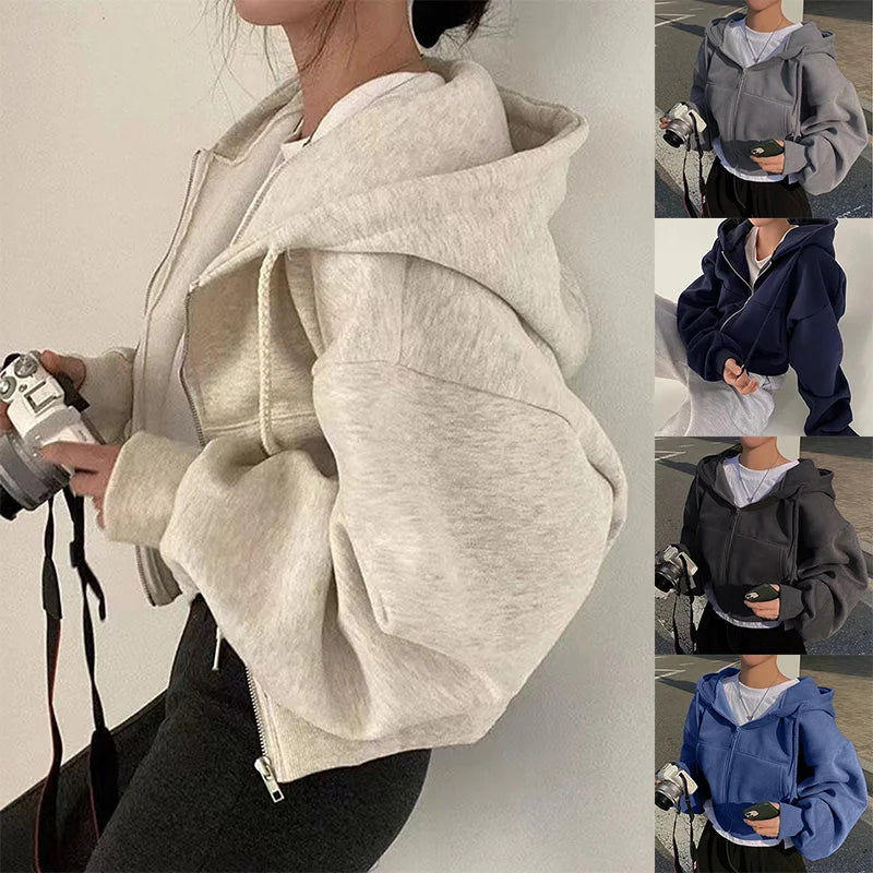 2024 Spring Autumn New Insfleece-lined Versatile Cropped Slims Smooths Silhouette Zip-up Warm Navy Blue Hooded Sweatshirt Women - Matrix-studios.com