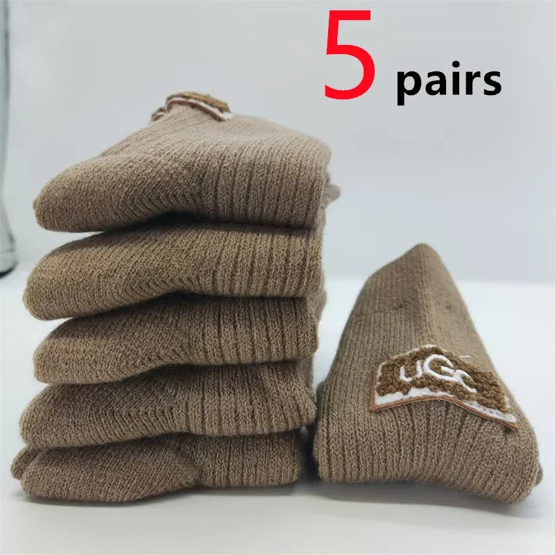 5/10 Pairs Socks Women Luxury Designer Cashmere Wool Sock Solid Warm Thick Pile Embroidered Logo Mid-Calf female Snow Boot Socks - Matrix Studios