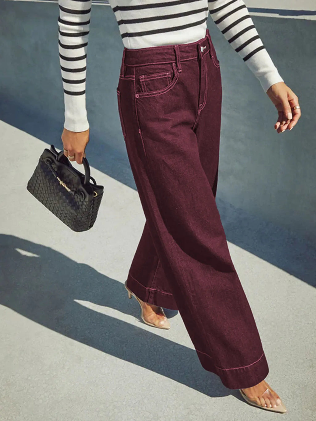 Burgundy women's high waist wide leg jeans stretch denim button placket washed jeans casual outing versatile style - Matrix-studios.com