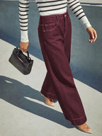 Burgundy women's high waist wide leg jeans stretch denim button placket washed jeans casual outing versatile style - Matrix-studios.com