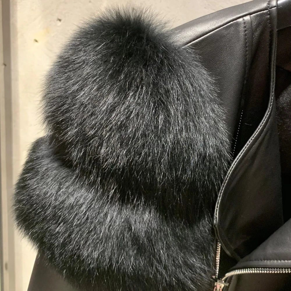 Leather Jacket Factory Ladies Short Leather Jacket Real Fox Fur Sleeve Coat Women Autumn 21001 - Matrix Studios