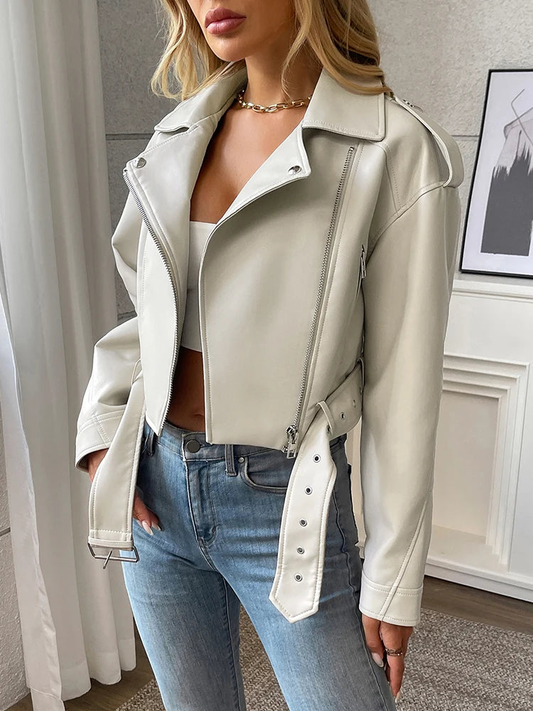 Ailegogo Spring Autumn Women Faux Pu Leather Short Jacket with Belt Motorcycle Biker Female Zipper Lapel Loose Coat Outwear - Matrix Studios