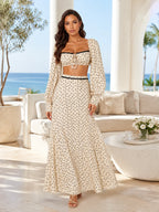 Women 2 Piece Boho Matching Sets, Integrated Puff Long Sleeve Cutout Back Tie‑Front Crop Top & High Waist Flowy Polka Dot Maxi Skirt, Summer Beach Vacation Co‑Ord Outfits - Matrix-studios.com