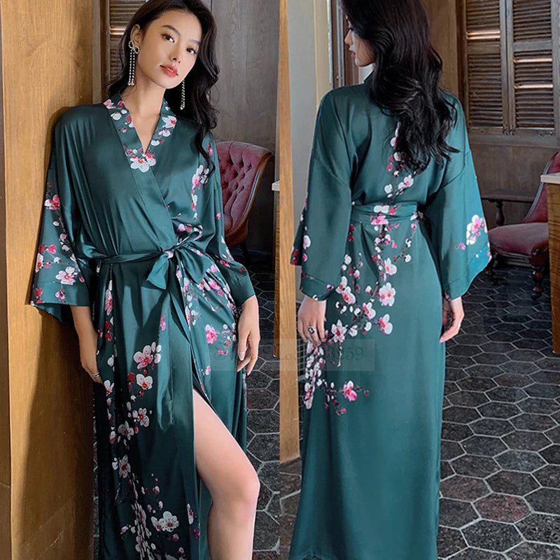 Print Flower Long Kimono Bathrobe Gown Sexy Women Half Sleeve Wedding Robe Nightgown Spring Summer Rayon Home Dress Sleepwear - Matrix-studios.com