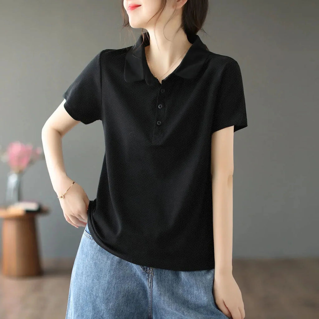 Summer solid color college style sport polo shirt new shirt collar short sleeved T-shirt for women - Matrix-studios.com