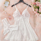 Sexy Lingerie Set Women Erotic Bra Nightdress Sexy Lace Sleepwear Solid Slim Soft Dresses V Neck Full Slip Sleepwear & Dresses - Matrix-studios.com