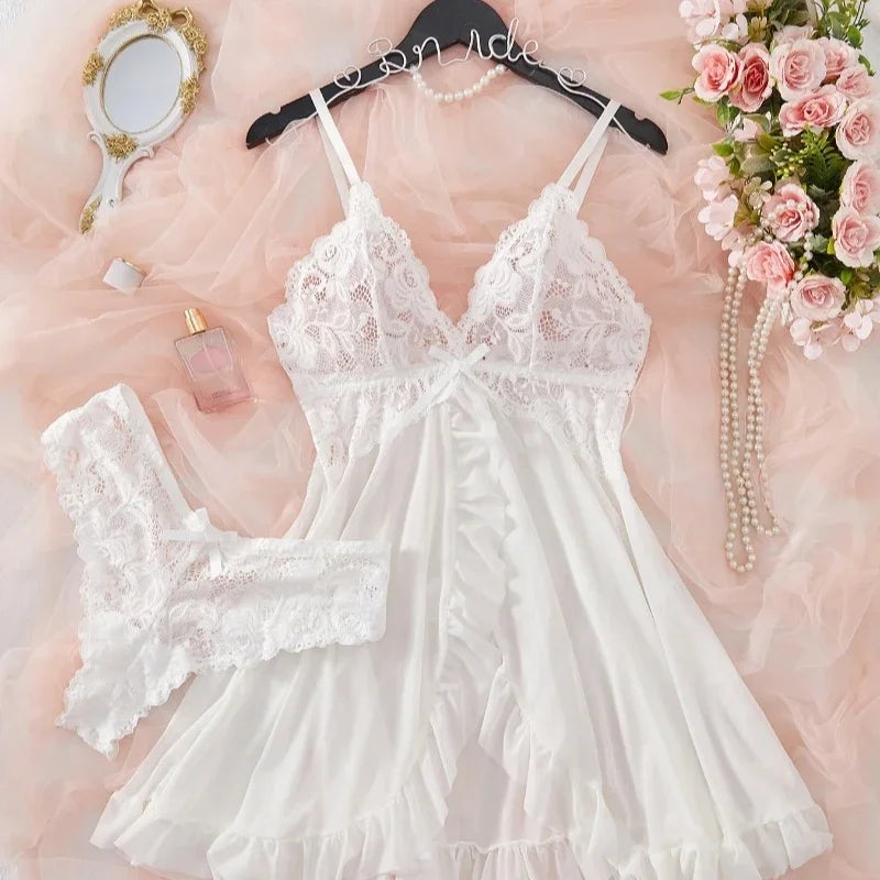 Sexy Lingerie Set Women Erotic Bra Nightdress Sexy Lace Sleepwear Solid Slim Soft Dresses V Neck Full Slip Sleepwear & Dresses - Matrix-studios.com