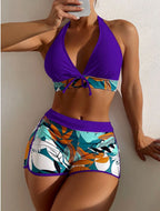 15 Colors Swimwear Women Two-Piece Suit Patchwork Halter Bikini Top With High Waisted Boxer Bottom College Sporty Surfing Suit - Matrix-studios.com