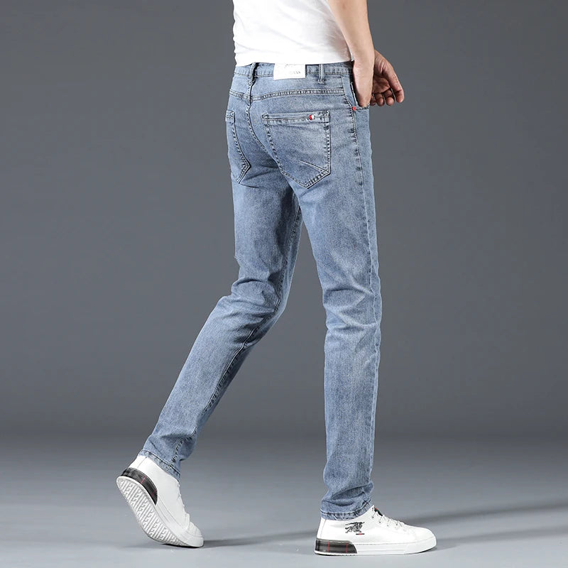 2024 New Men's Cotton Business Casual Skinny Jeans Trendy Fashionable Stretch Straight Slim Denim Trousers Male Blue Grey - Matrix Studios