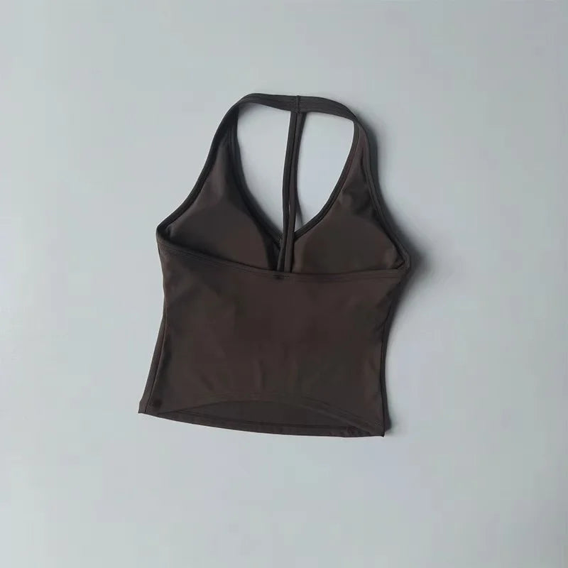 Women's Sexy V-Neck Fitness Bra Nude Sports Bra Hanging Neck Yoga Suit Vest Comfortable Breathable Gym Top for Active Wear - Matrix Studios
