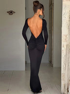Hugcitar Spring Elegant Long Sleeve Backless Solid Cuched Sexy Bodycon Maxi Prom Dress Women Outfit Evening Party Festival Y2K - Matrix-studios.com