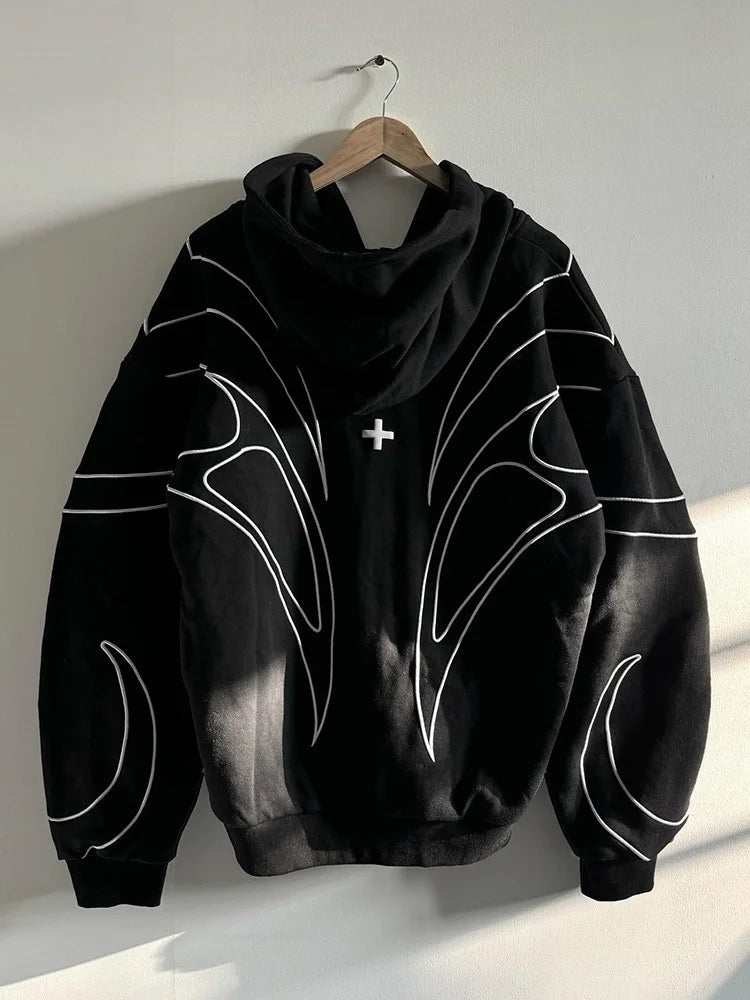Street Retro Fashion Clothing Striped Embroidered Black Double Zipper Hoodie American Hip-hop Punk Oversized Sweatshirt Women - Matrix Studios