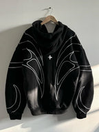 Street Retro Fashion Clothing Striped Embroidered Black Double Zipper Hoodie American Hip-hop Punk Oversized Sweatshirt Women - Matrix Studios